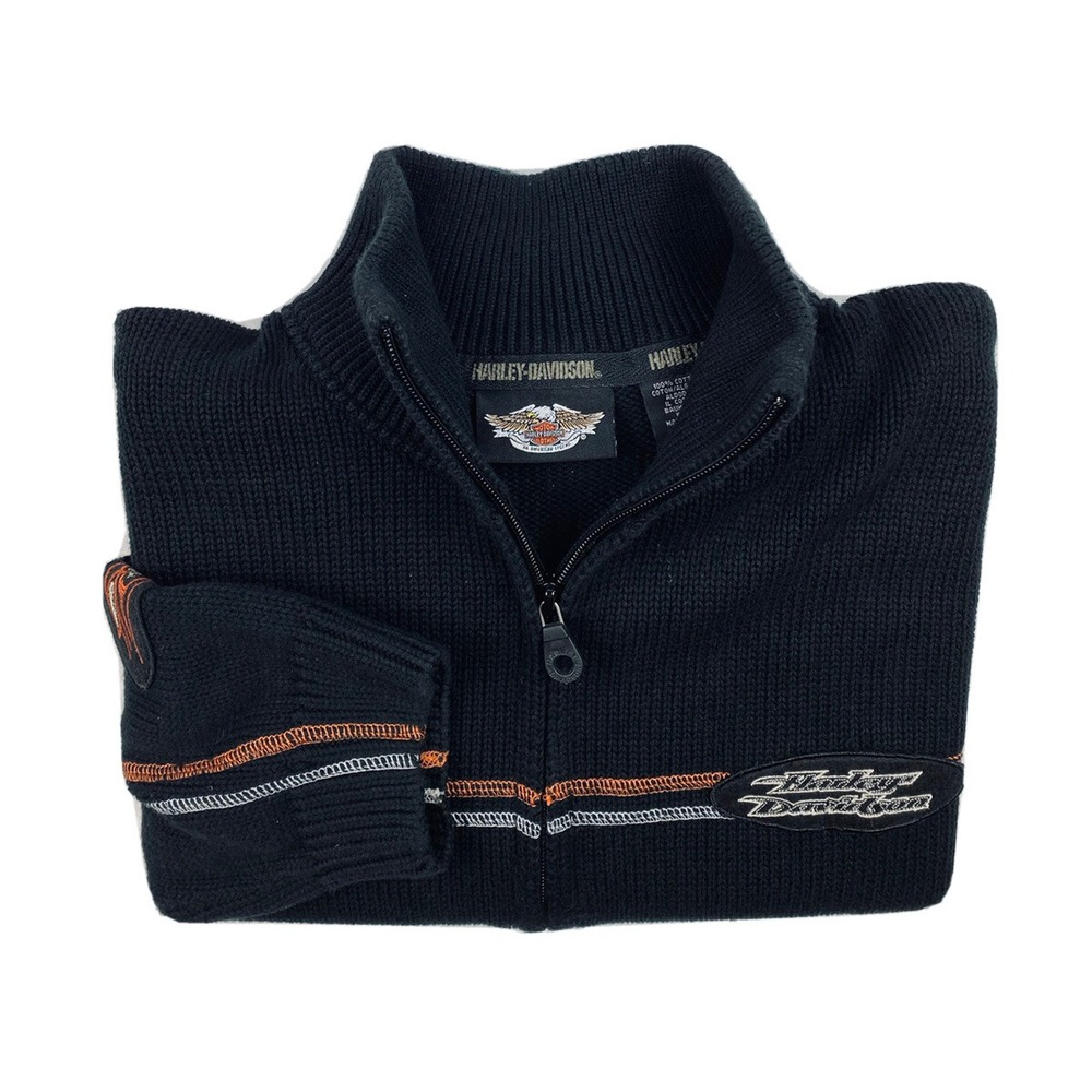 Harley Davidson Black Patches 3/4th Zip Thick Woven Cotton Sweater Mens M
